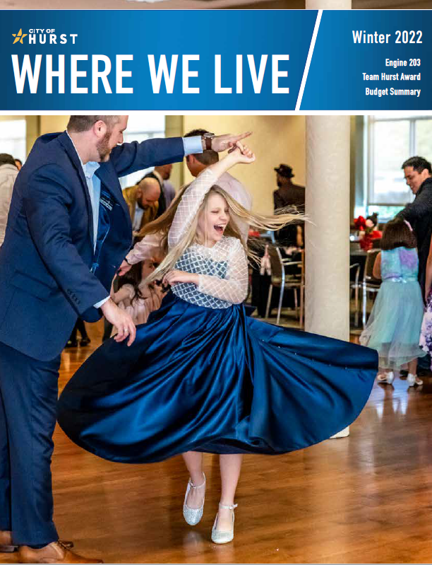 City of Hurst Where We Live magazine cover for Winter 2022 - Daddy and daughter dancing