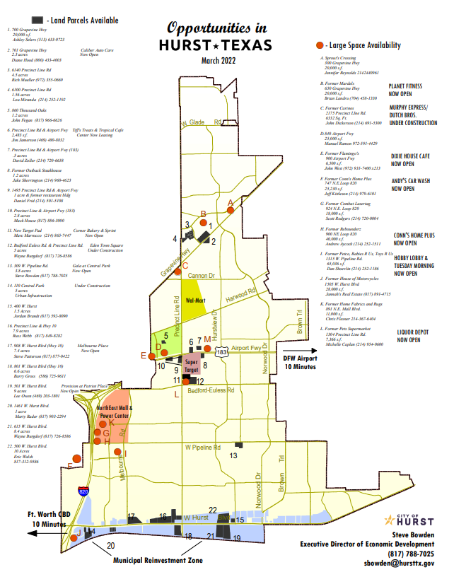 Image of map showing retail opportunities in the City of Hurst; Click to open PDF