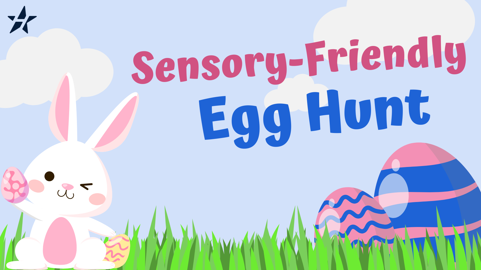 city of hurst sensory friendly egg hunt graphic with bunny in grass holding eggs