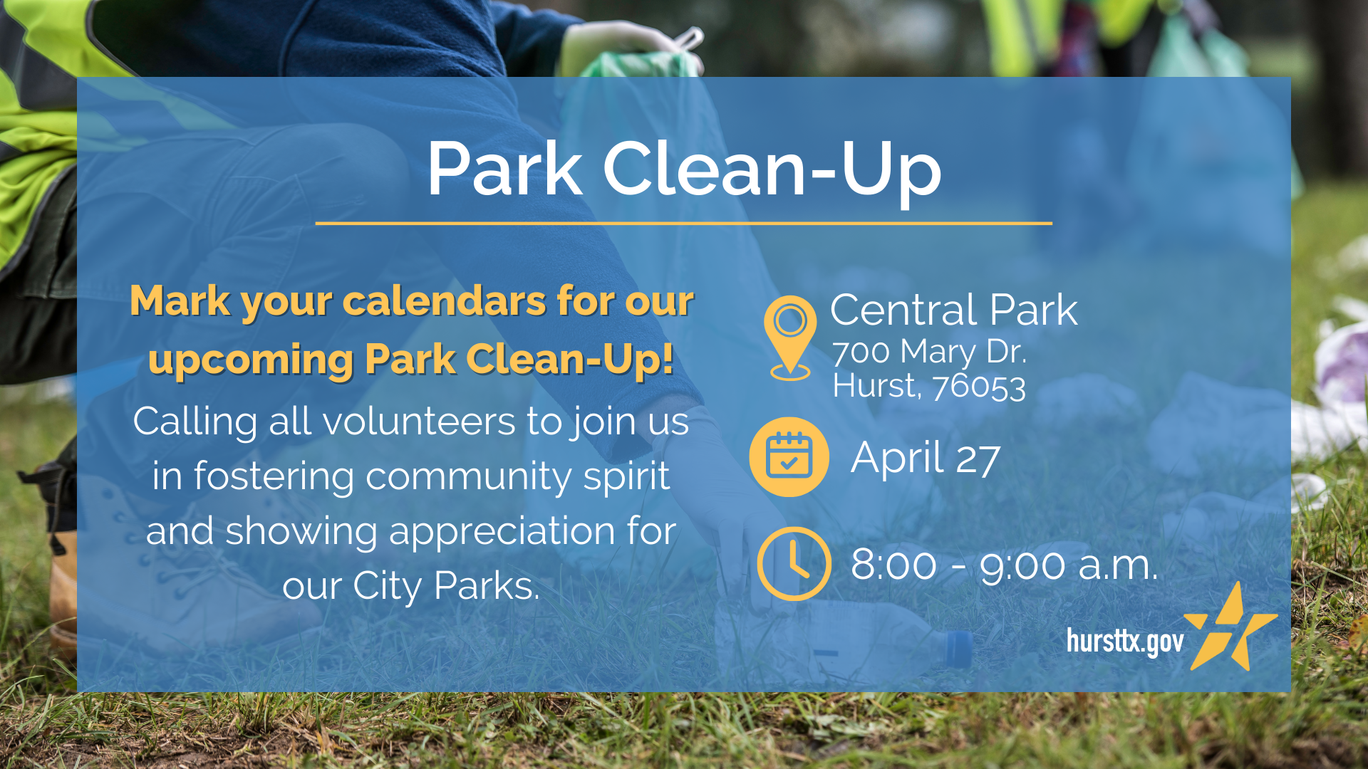 Park Clean Up Day at Central Park on April 27 from 8-9a.m., Calling all volunteers