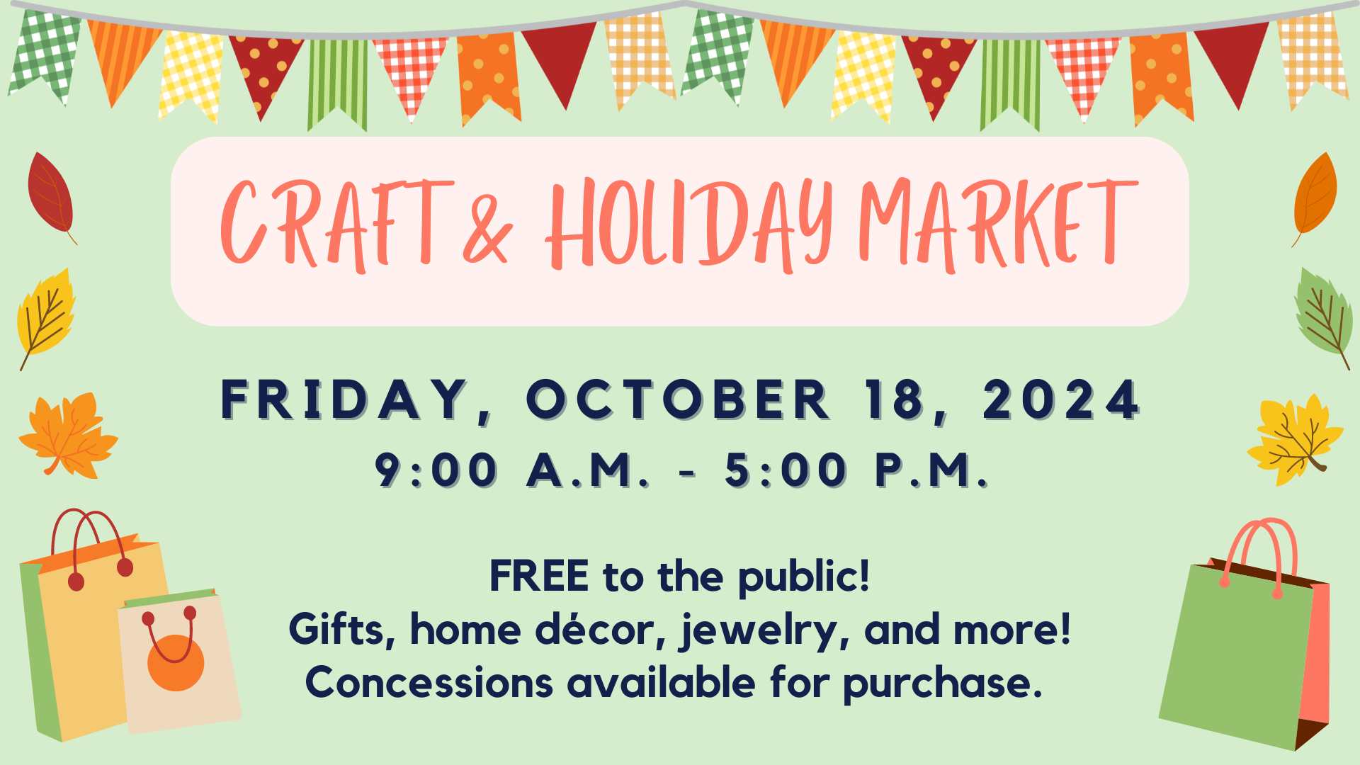 green image with shopping bags with craft and holiday market information