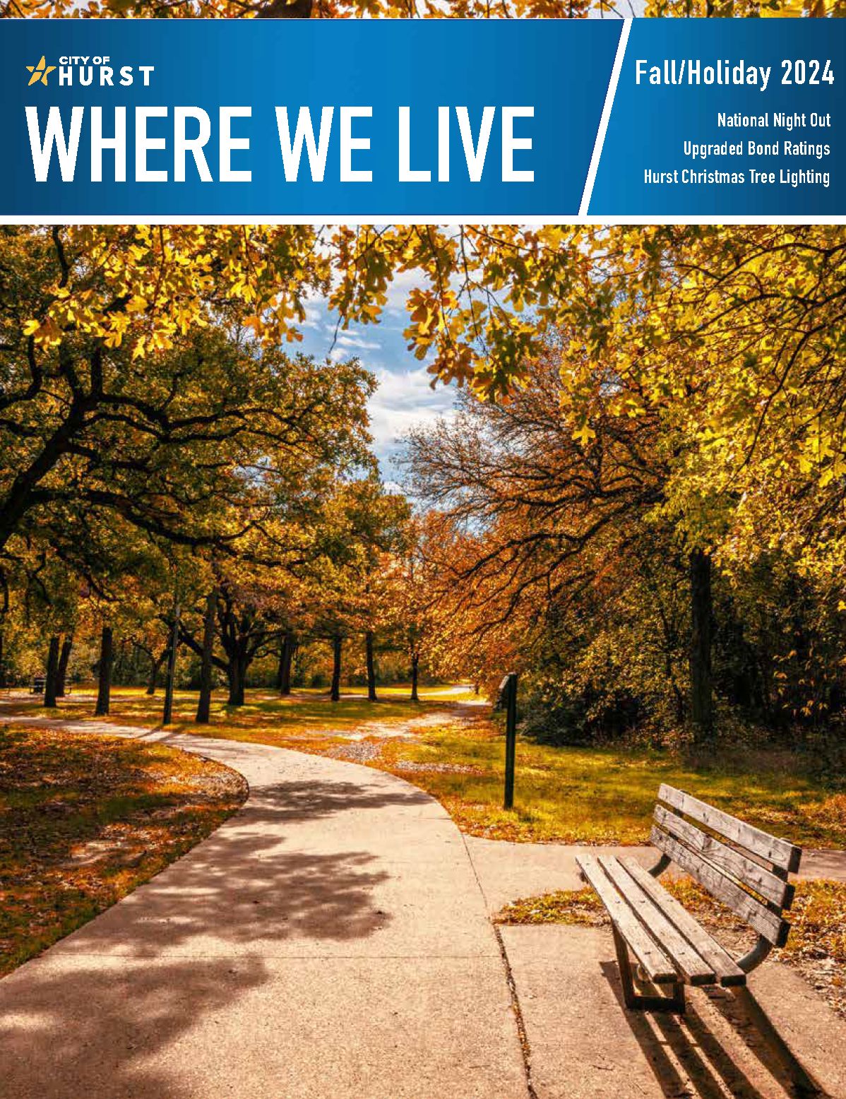 image of park trail in fall with orange and yellow leaves on the cover of the fall 2024 where we live magaine