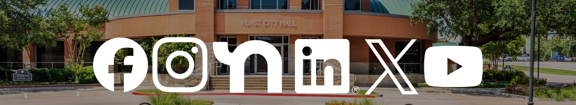 Hurst City hall in background, facebook, instagram, nextdoor, linkedin, x, and youtube social media icons in foreground